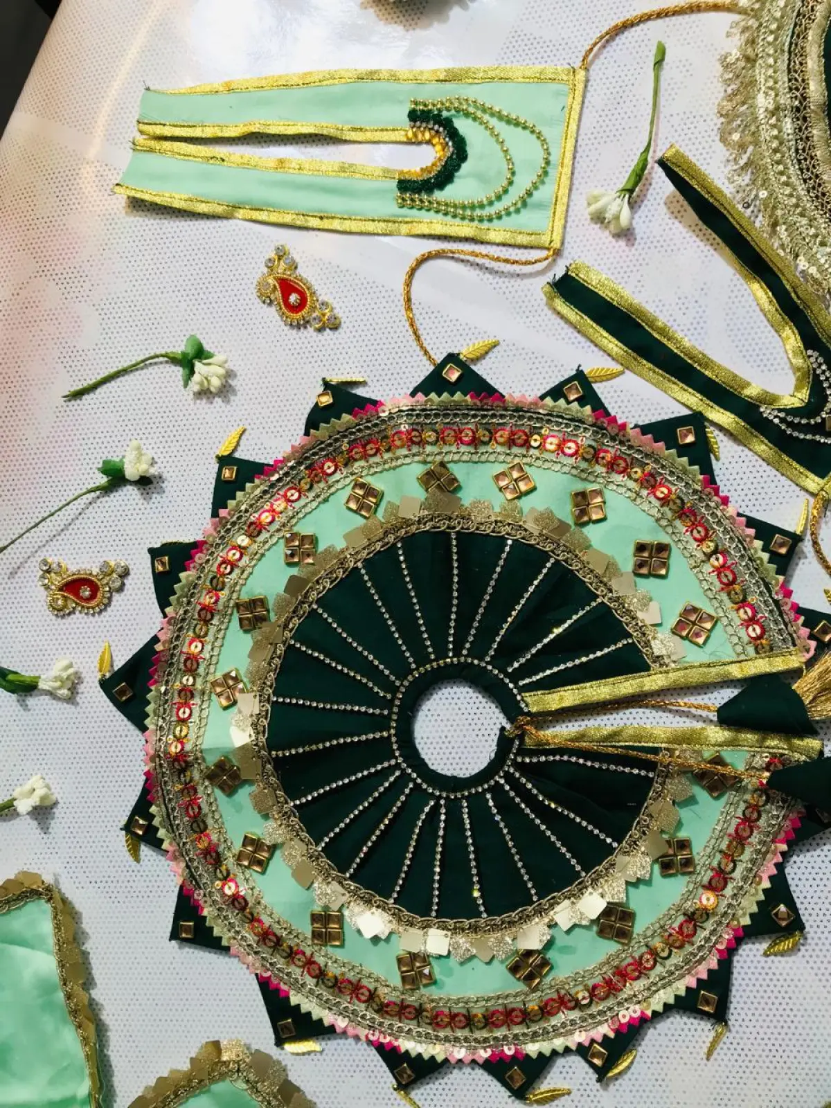 Mint green aura luxury brocade laddugopal attire.